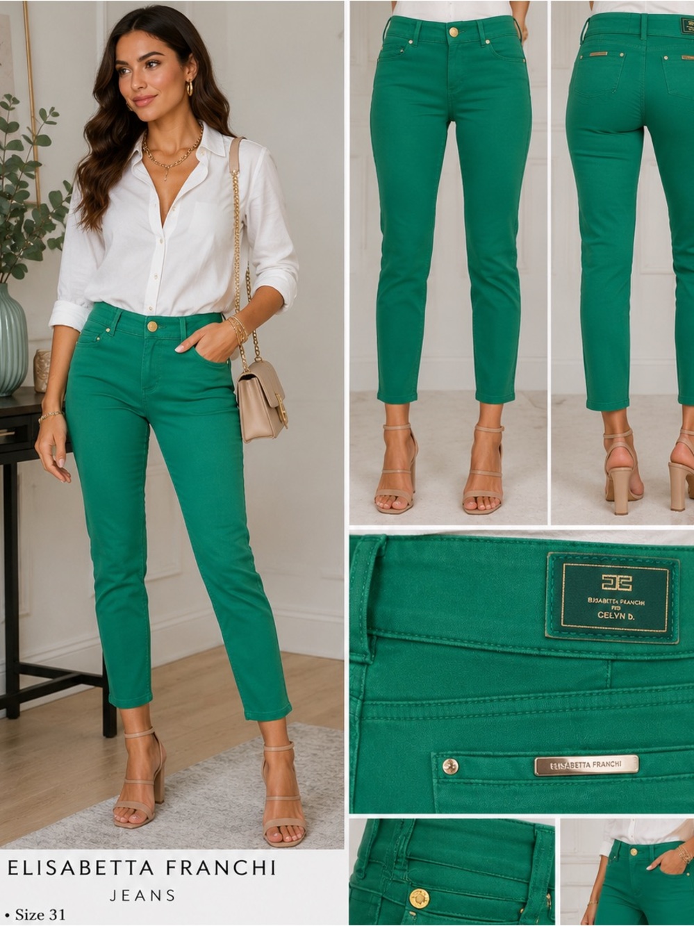 Elisabetta Franchi Jeans Green Cropped Skinny Pants Italy Women’s 31 Designer